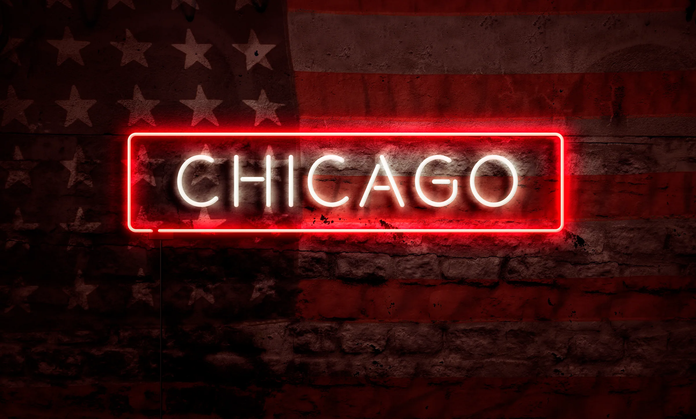 Chicago nightlife guide — a red neon CHICAGO sign glowing on a painted brick wall, the kind of light that marks the 4 AM rooms on Division Street and Hubbard Street